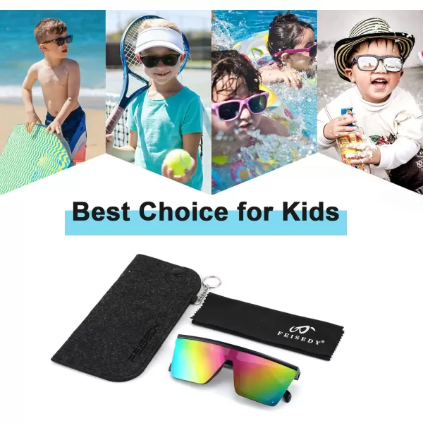 FEISEDY Kids Sunglasses Flat Top Shield Square Sunglasses with Rimless Fashion Shades for Age 27 B4061Black FrameRianbow Lens
