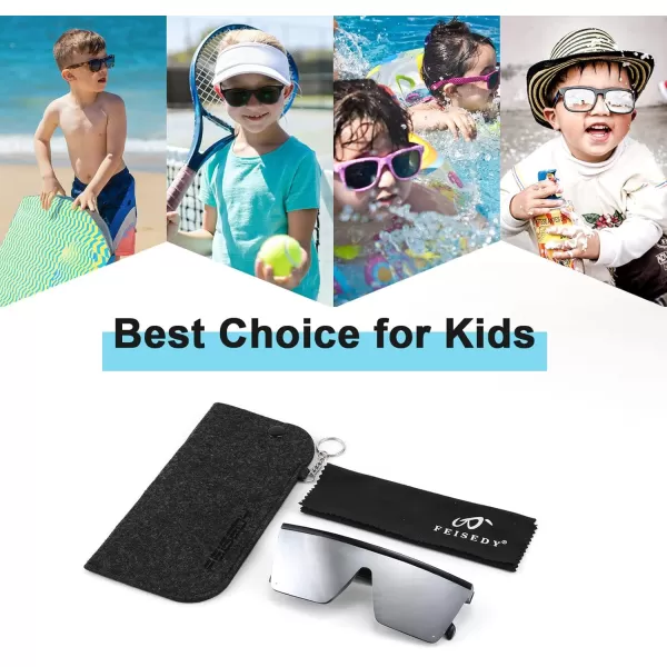 FEISEDY Kids Sunglasses Flat Top Shield Square Sunglasses with Rimless Fashion Shades for Age 27 B4061Black FrameSilver Mirrored Lens
