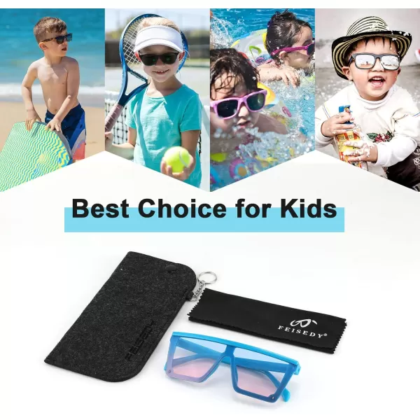 FEISEDY Kids Sunglasses Flat Top Shield Square Sunglasses with Rimless Fashion Shades for Age 27 B4061Blue FrameBlue Pink Lens