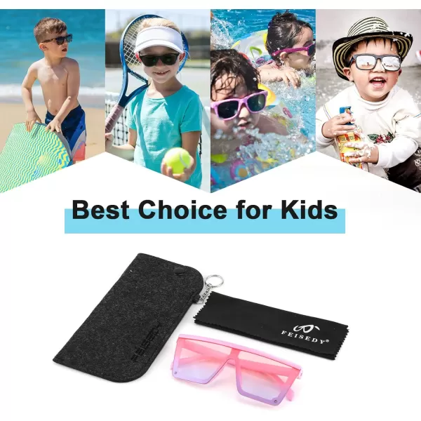 FEISEDY Kids Sunglasses Flat Top Shield Square Sunglasses with Rimless Fashion Shades for Age 27 B4061Pink FramePink Blue Lens