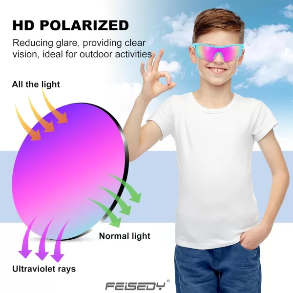 FEISEDY Kids Teens Baseball Polarized Sunglasses Sports TR90 Frame Boys Girls Cycling B2454Spot Bluepurple