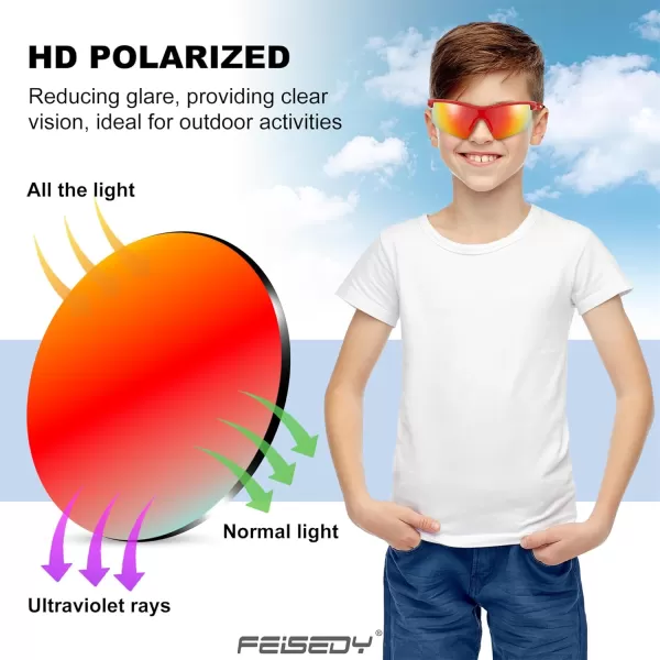 FEISEDY Kids Teens Baseball Polarized Sunglasses Sports TR90 Frame Boys Girls Cycling B2454Spot Red