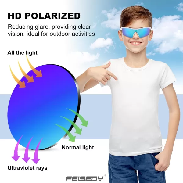 FEISEDY Kids Teens Baseball Polarized Sunglasses Sports TR90 Frame Boys Girls Cycling B2454Spot Whiteblue