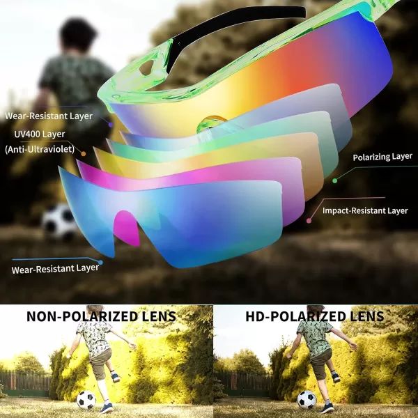 FEISEDY Kids Teens Baseball Polarized Sunglasses Sports TR90 Frame Boys Girls Cycling B2454Transparent Greenred