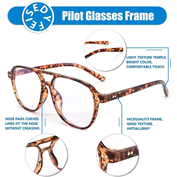 FEISEDY Lightweight Pilot Glasses Frame Blue Light Blocking Glasses Women Men Oversized Square Computer Glasses B2387Tortoise