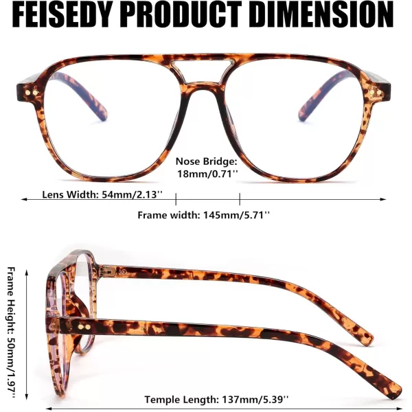 FEISEDY Lightweight Pilot Glasses Frame Blue Light Blocking Glasses Women Men Oversized Square Computer Glasses B2387Tortoise