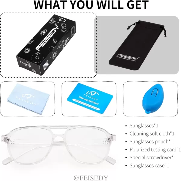 FEISEDY Lightweight Pilot Glasses Frame Blue Light Blocking Glasses Women Men Oversized Square Computer Glasses B2387Transparent