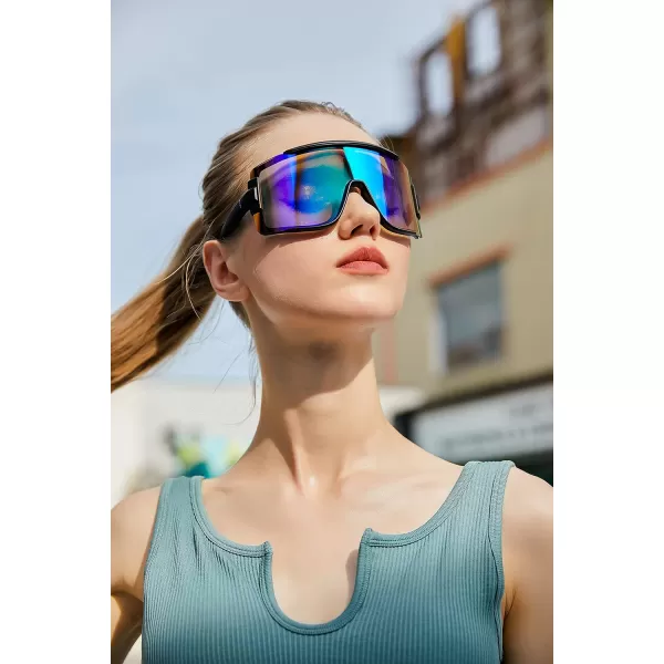 FEISEDY Men Women Sunglasses 80s Sport Cycling Baseball Glasses for Youth Teens Running Softball B4057Blue Mirror