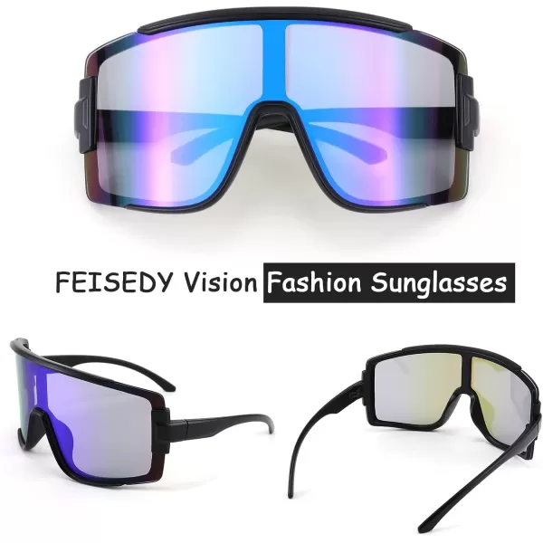 FEISEDY Men Women Sunglasses 80s Sport Cycling Baseball Glasses for Youth Teens Running Softball B4057Blue Mirror