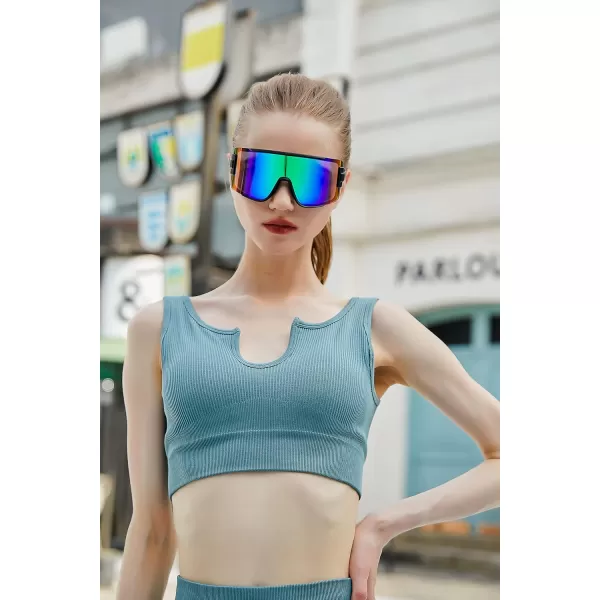 FEISEDY Men Women Sunglasses 80s Sport Cycling Baseball Glasses for Youth Teens Running Softball B4057Green Blue Mirror