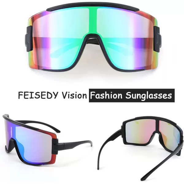 FEISEDY Men Women Sunglasses 80s Sport Cycling Baseball Glasses for Youth Teens Running Softball B4057Green Blue Mirror