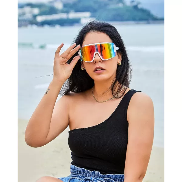 FEISEDY Men Women Sunglasses 80s Sport Cycling Baseball Glasses for Youth Teens Running Softball B4057Rainbow Mirror