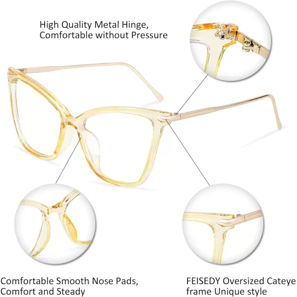 FEISEDY Oversized Cat Eye Glasses Frame with Clear Lenses Eyewear for Women B2460Amber Transparent Yellow