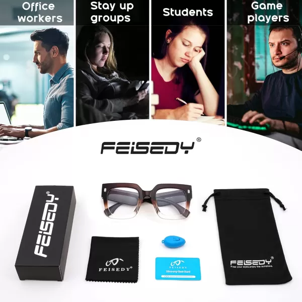 FEISEDY Oversized Square Blue Light Blocking Glasses Vintage Womens Luxury Big Fashion Eyewear B9100Brown Transparent 001