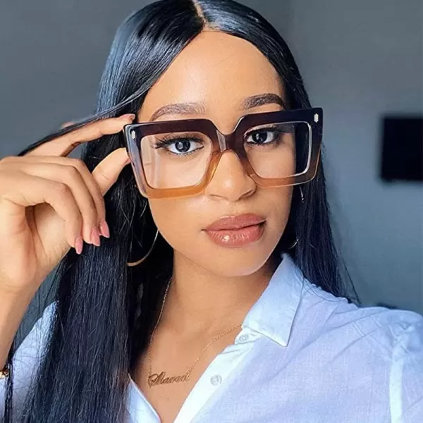 FEISEDY Oversized Square Blue Light Blocking Glasses Vintage Womens Luxury Big Fashion Eyewear B9100Brown Transparent 001