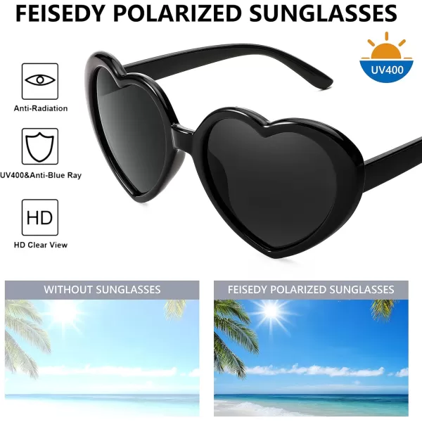 FEISEDY Polarized Heart Shaped Sunglasses Oversized Vintage Fashion Love Eyeglasses for Women UV400 B2337Black Frame  Grey Lens