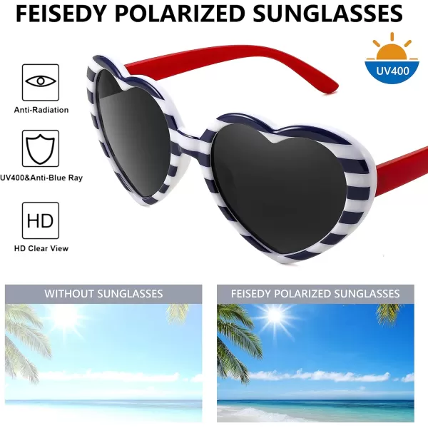 FEISEDY Polarized Heart Shaped Sunglasses Oversized Vintage Fashion Love Eyeglasses for Women UV400 B2337Black and White Stripe Frame  Grey Lens