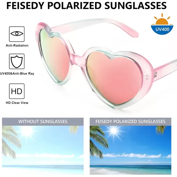 FEISEDY Polarized Heart Shaped Sunglasses Oversized Vintage Fashion Love Eyeglasses for Women UV400 B2337Pinkgreen Frame  Mirror Pink Lens