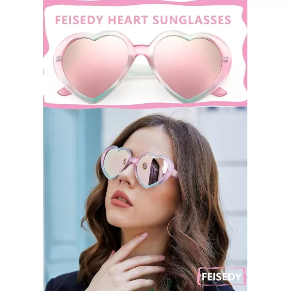 FEISEDY Polarized Heart Shaped Sunglasses Oversized Vintage Fashion Love Eyeglasses for Women UV400 B2337Pinkgreen Frame  Mirror Pink Lens
