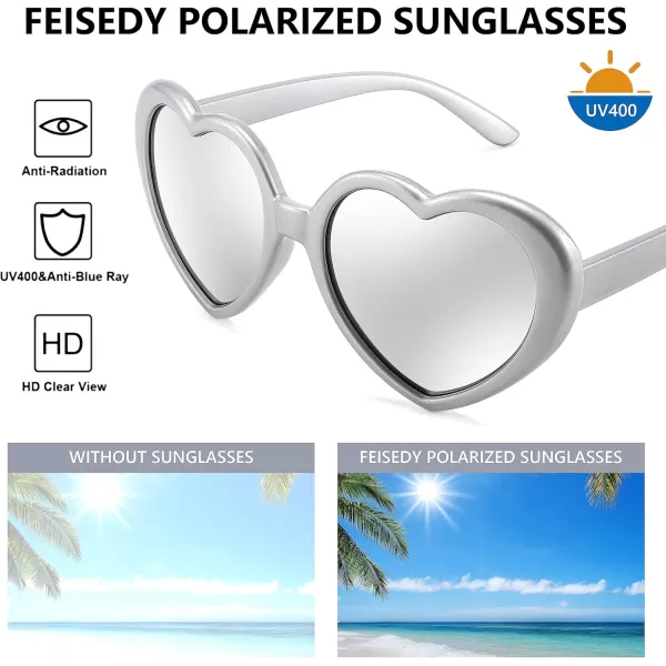FEISEDY Polarized Heart Shaped Sunglasses Oversized Vintage Fashion Love Eyeglasses for Women UV400 B2337Silver