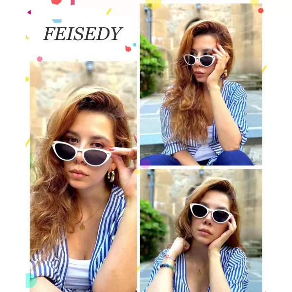FEISEDY Retro Cat Eye Sunglasses Women Men Vintage Small Cateye UV400 Sunglasses B2617White