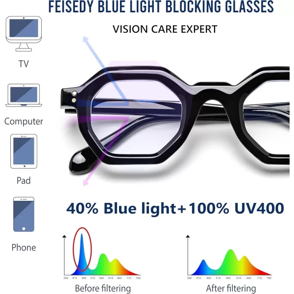 FEISEDY Retro Octagon Blue Light Glasses for Women Men Vintage Polygon Anti Glare Eyeglasses B0102Black