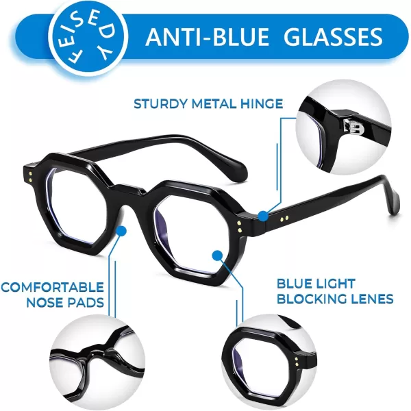 FEISEDY Retro Octagon Blue Light Glasses for Women Men Vintage Polygon Anti Glare Eyeglasses B0102Black