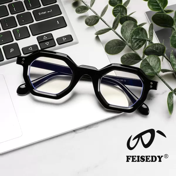 FEISEDY Retro Octagon Blue Light Glasses for Women Men Vintage Polygon Anti Glare Eyeglasses B0102Black