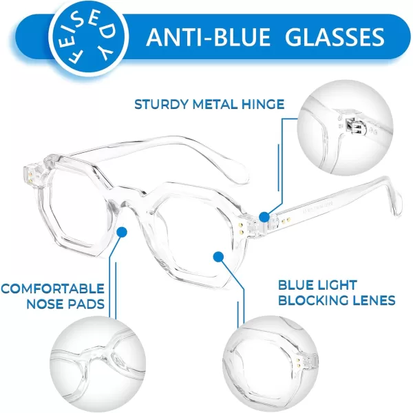 FEISEDY Retro Octagon Blue Light Glasses for Women Men Vintage Polygon Anti Glare Eyeglasses B0102Clear