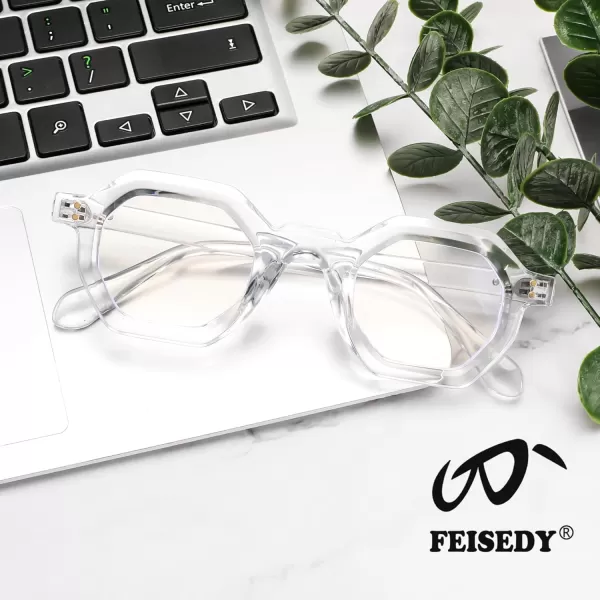 FEISEDY Retro Octagon Blue Light Glasses for Women Men Vintage Polygon Anti Glare Eyeglasses B0102Clear