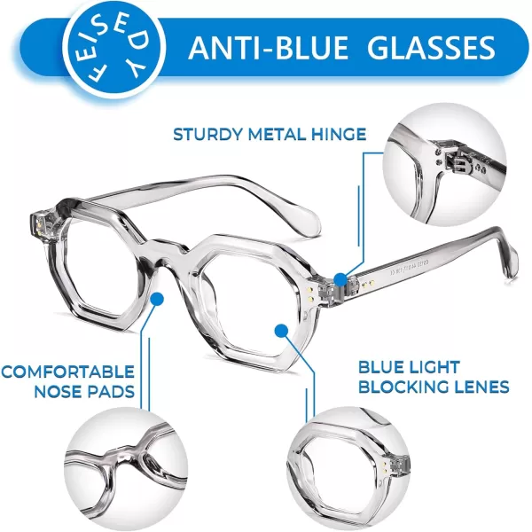 FEISEDY Retro Octagon Blue Light Glasses for Women Men Vintage Polygon Anti Glare Eyeglasses B0102Grey