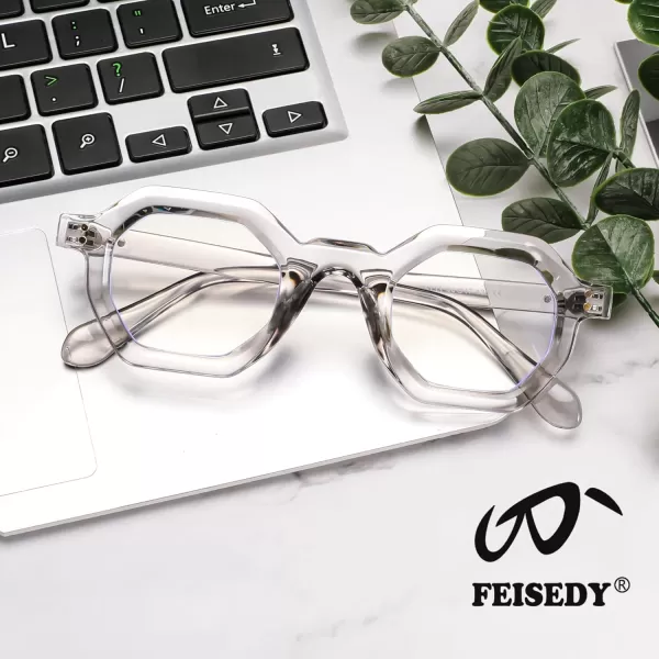 FEISEDY Retro Octagon Blue Light Glasses for Women Men Vintage Polygon Anti Glare Eyeglasses B0102Grey