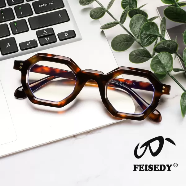 FEISEDY Retro Octagon Blue Light Glasses for Women Men Vintage Polygon Anti Glare Eyeglasses B0102Tortoise