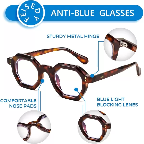 FEISEDY Retro Octagon Blue Light Glasses for Women Men Vintage Polygon Anti Glare Eyeglasses B0102Tortoise