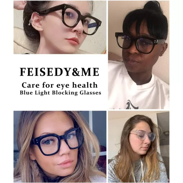 FEISEDY Retro Square Anti Blue Light Blocking Glasses Women Thick Oversized Computer Eyeglasses Double Metal Studs B2689Black Frame