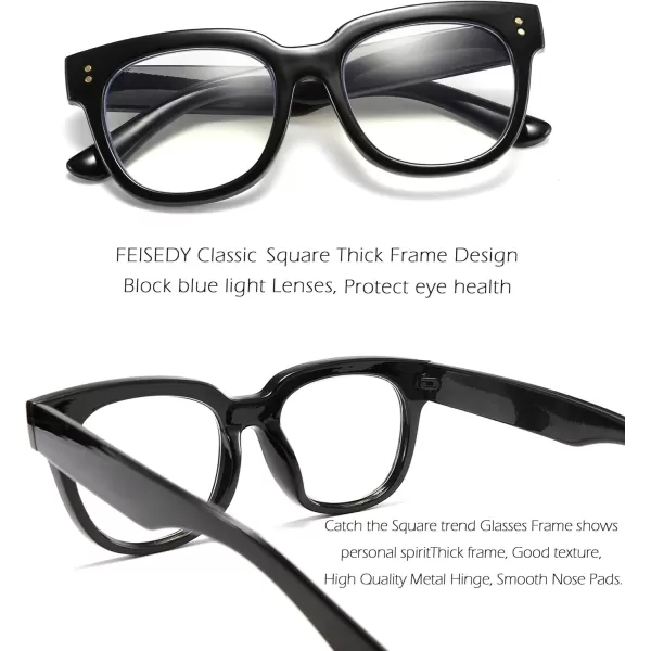 FEISEDY Retro Square Anti Blue Light Blocking Glasses Women Thick Oversized Computer Eyeglasses Double Metal Studs B2689Black Frame
