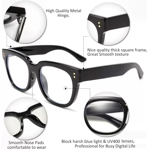 FEISEDY Retro Square Anti Blue Light Blocking Glasses Women Thick Oversized Computer Eyeglasses Double Metal Studs B2689Black Frame