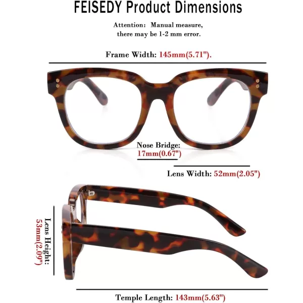 FEISEDY Retro Square Anti Blue Light Blocking Glasses Women Thick Oversized Computer Eyeglasses Double Metal Studs B2689Leopard Frame