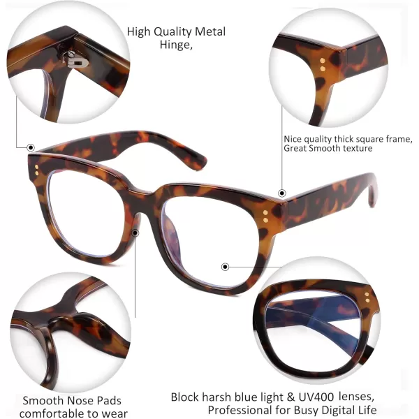 FEISEDY Retro Square Anti Blue Light Blocking Glasses Women Thick Oversized Computer Eyeglasses Double Metal Studs B2689Leopard Frame