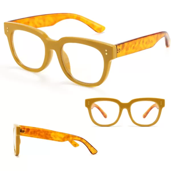 FEISEDY Retro Square Anti Blue Light Blocking Glasses Women Thick Oversized Computer Eyeglasses Double Metal Studs B2689Transparent Yellow Leopard Temple