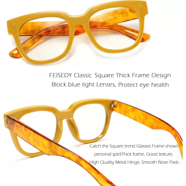 FEISEDY Retro Square Anti Blue Light Blocking Glasses Women Thick Oversized Computer Eyeglasses Double Metal Studs B2689Transparent Yellow Leopard Temple