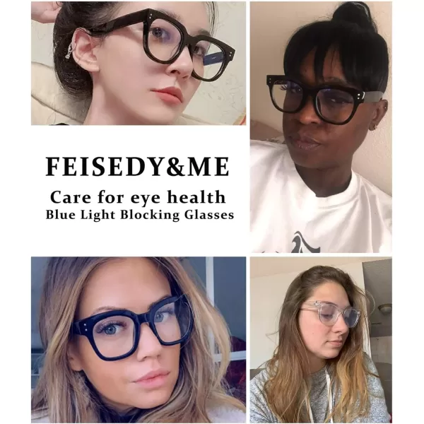 FEISEDY Retro Square Anti Blue Light Blocking Glasses Women Thick Oversized Computer Eyeglasses Double Metal Studs B2689Transparent Yellow Leopard Temple