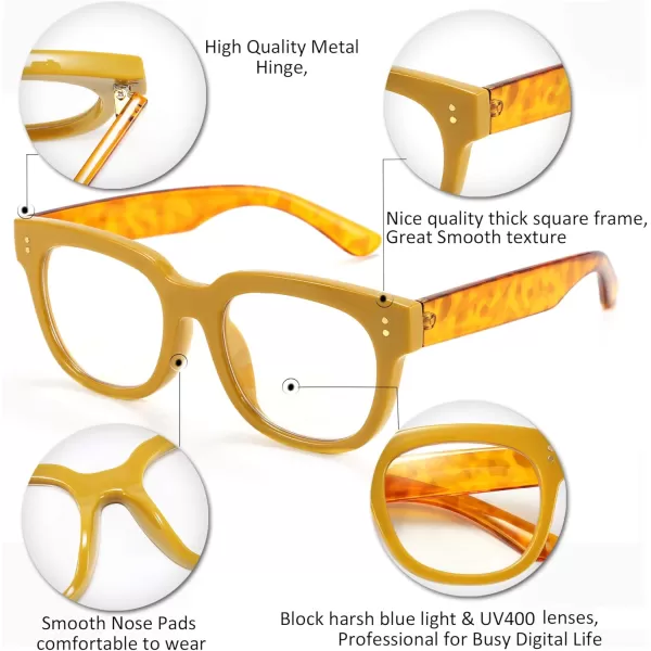 FEISEDY Retro Square Anti Blue Light Blocking Glasses Women Thick Oversized Computer Eyeglasses Double Metal Studs B2689Transparent Yellow Leopard Temple