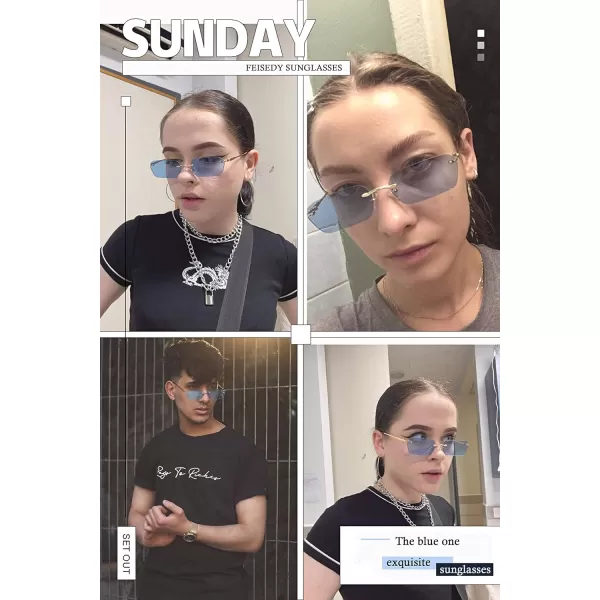 FEISEDY Rimless Sunglasses Y2K Sunglasses Retro Small Narrow Clear Eyewear Vintage Rectangle Sunglasses for Women Men B2643Blue