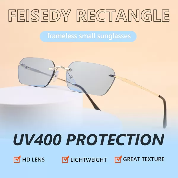 FEISEDY Rimless Sunglasses Y2K Sunglasses Retro Small Narrow Clear Eyewear Vintage Rectangle Sunglasses for Women Men B2643Blue