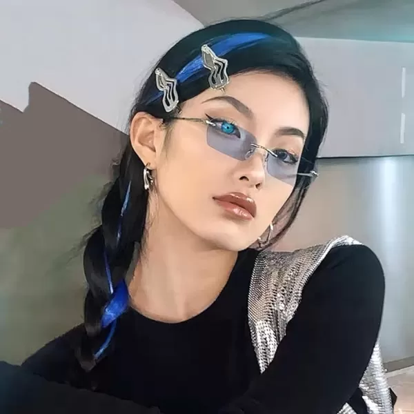 FEISEDY Rimless Sunglasses Y2K Sunglasses Retro Small Narrow Clear Eyewear Vintage Rectangle Sunglasses for Women Men B2643Blue