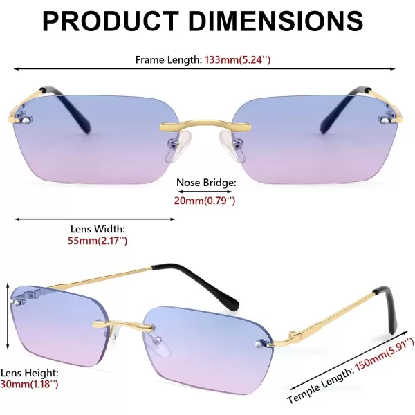 FEISEDY Rimless Sunglasses Y2K Sunglasses Retro Small Narrow Clear Eyewear Vintage Rectangle Sunglasses for Women Men B2643BluePink