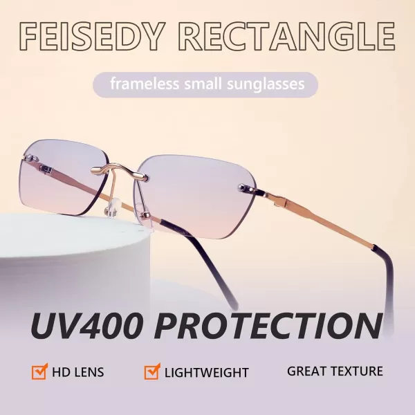 FEISEDY Rimless Sunglasses Y2K Sunglasses Retro Small Narrow Clear Eyewear Vintage Rectangle Sunglasses for Women Men B2643BluePink