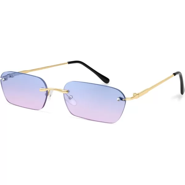 FEISEDY Rimless Sunglasses Y2K Sunglasses Retro Small Narrow Clear Eyewear Vintage Rectangle Sunglasses for Women Men B2643BluePink