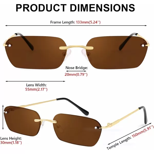 FEISEDY Rimless Sunglasses Y2K Sunglasses Retro Small Narrow Clear Eyewear Vintage Rectangle Sunglasses for Women Men B2643Brown